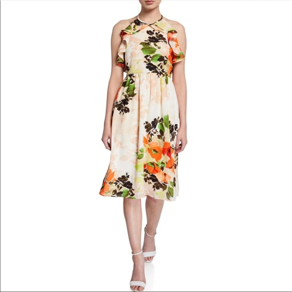 Nicole Miller Floral Print Ruffle Halter Dress - Picture 1 of 7